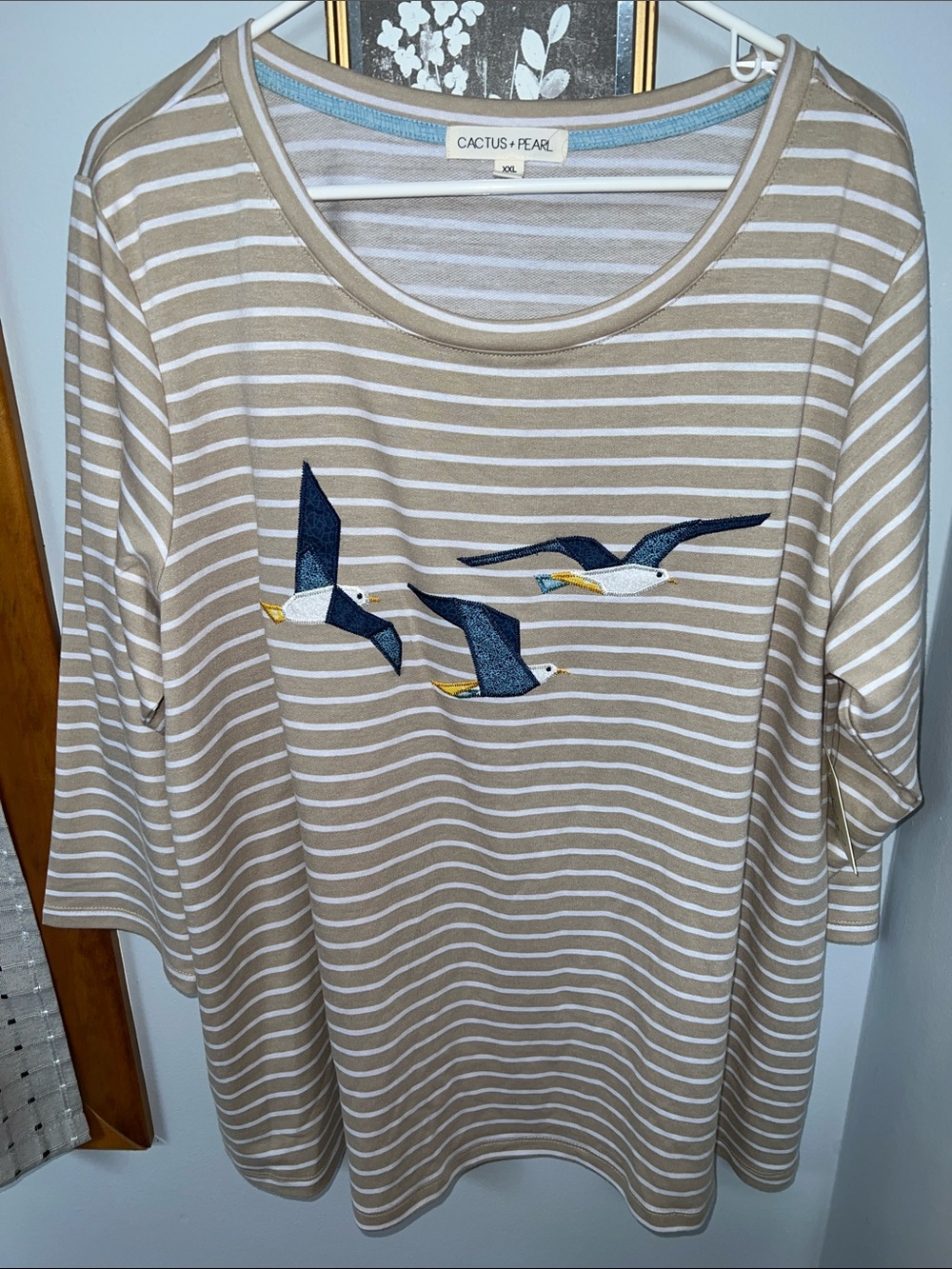 Beige Stripe Seagull Embroidered Women's Top